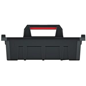 Schwarze Werkzeugtrage mit ergonomischem Griff und Trennstege.